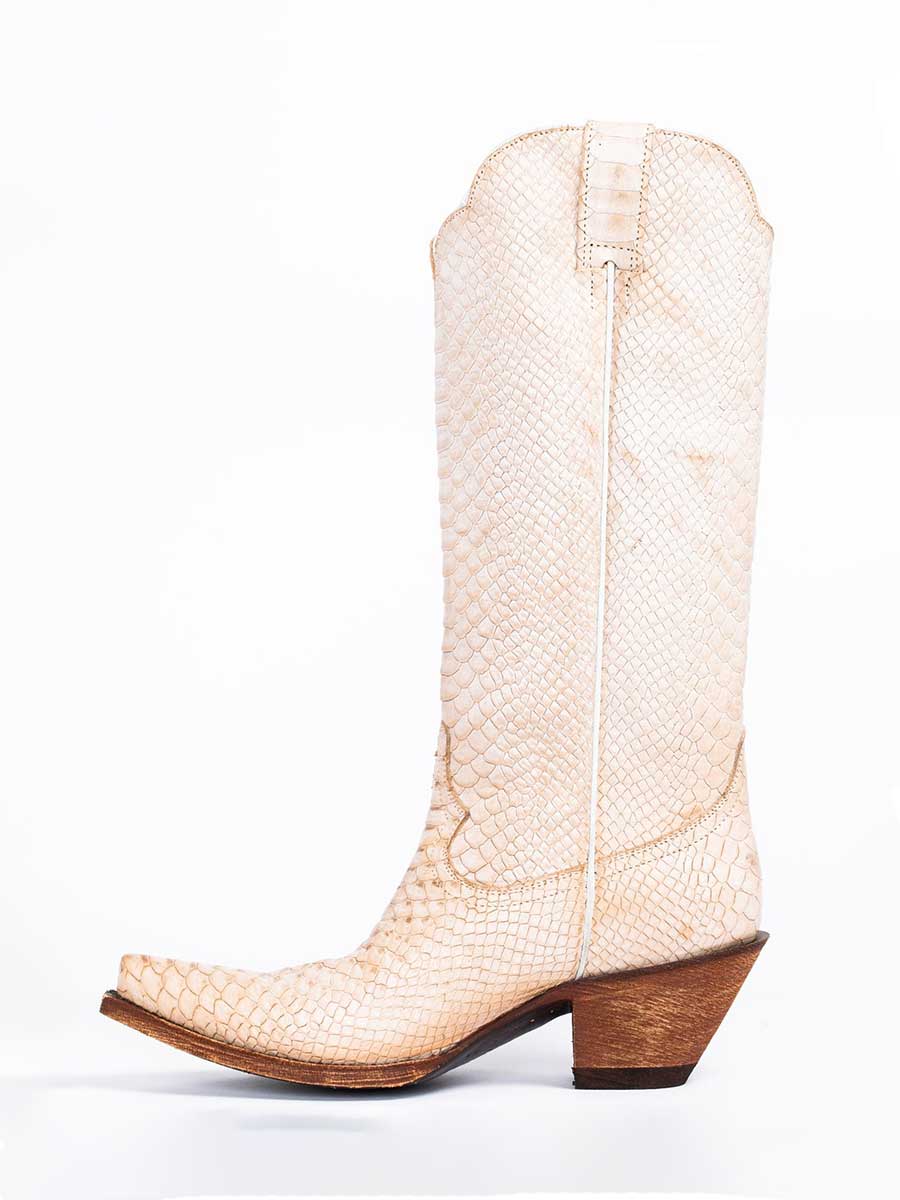 Ivory Distressed Vegan Leather Snake Skin Mid Calf Cowgirl Boots 