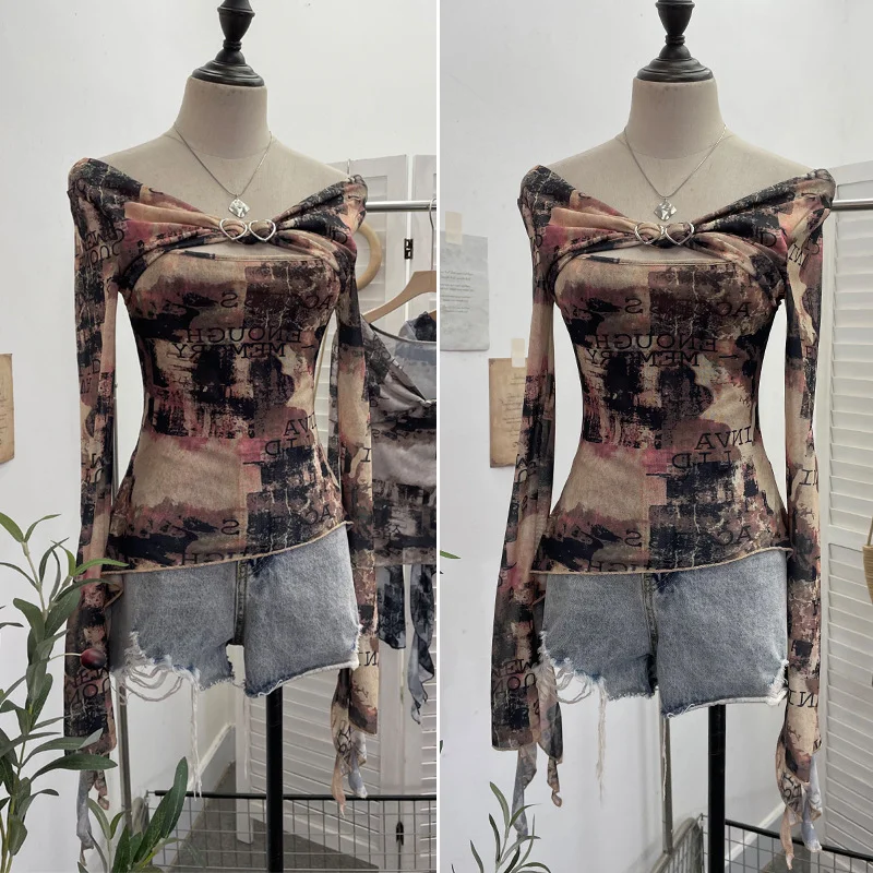 Nigikala Nigikala Shooting Strapped With Hollow Retro Print Long-Sleeved Mesh T-Shirt Ribbon Design Spring And Summer Top 1195