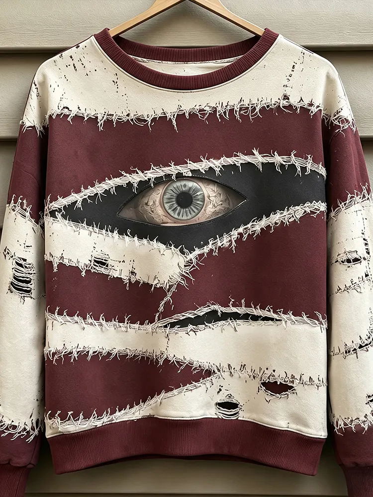 Vintage Halloween Gothic Eye Patchwork Grunge Distressed Print Pullover