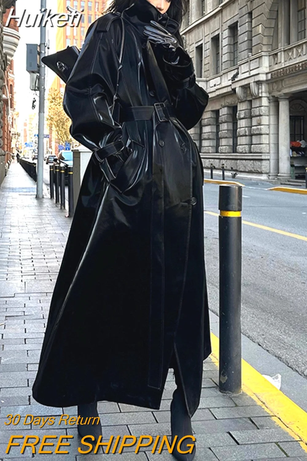 Huiketi Spring Autumn Extra Long Oversized Cool Reflective Shiny Black Paten Leather Trench Coat for Women Belt Runway Fashion