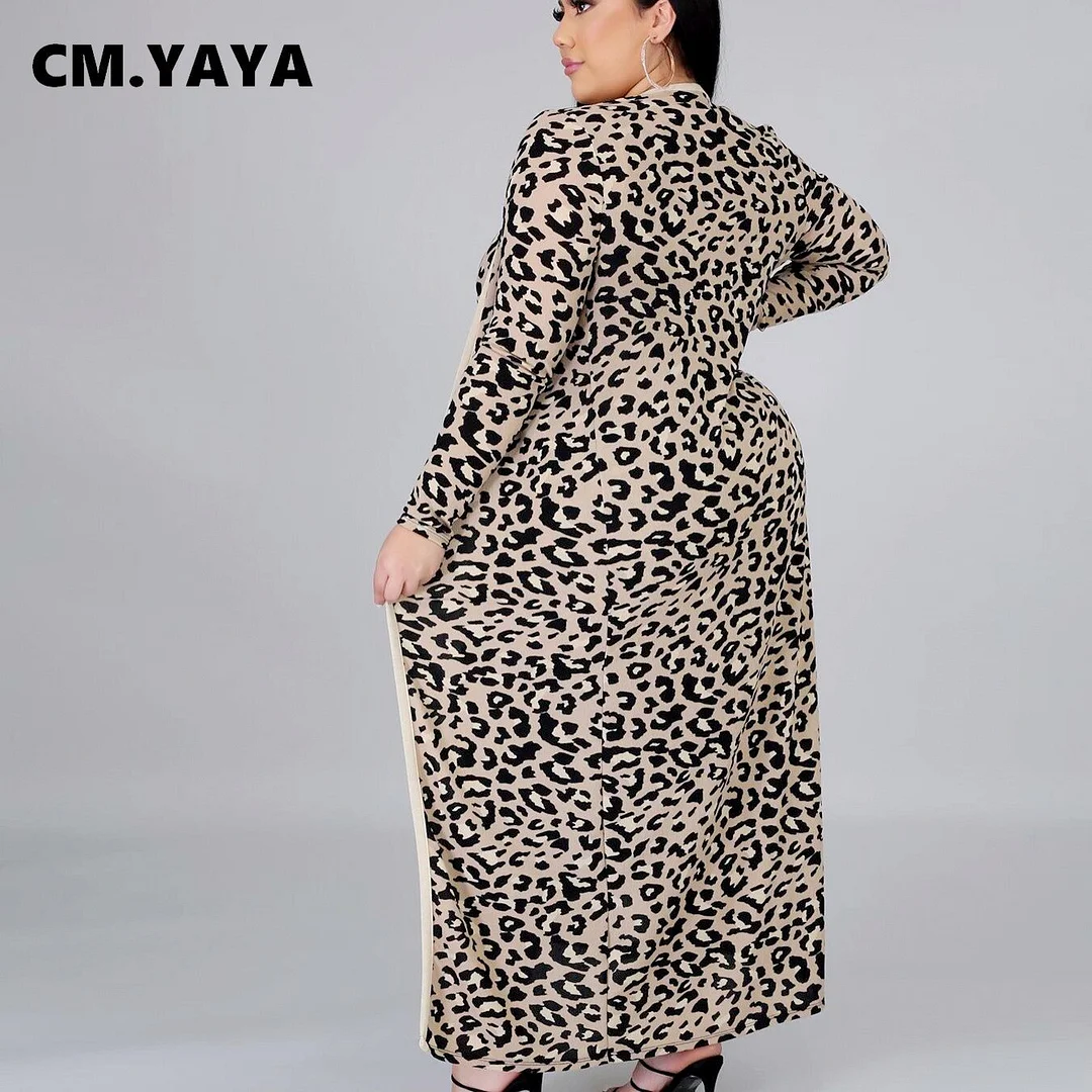 CM.YAYA Plus Size XL-4XL Leopard Print Women's Set Long Sleeve Long Cloak Tops Bodycon Midi Dress Two Piece Matching Set Outfits