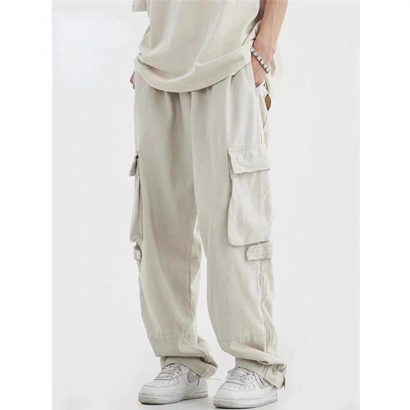 Aonga Back to School Cotton Thin Multi Pocket Unisex Overalls Loose Fashion Straight Casual Wide Leg Baggy Pants Men Streetwear Hiphop