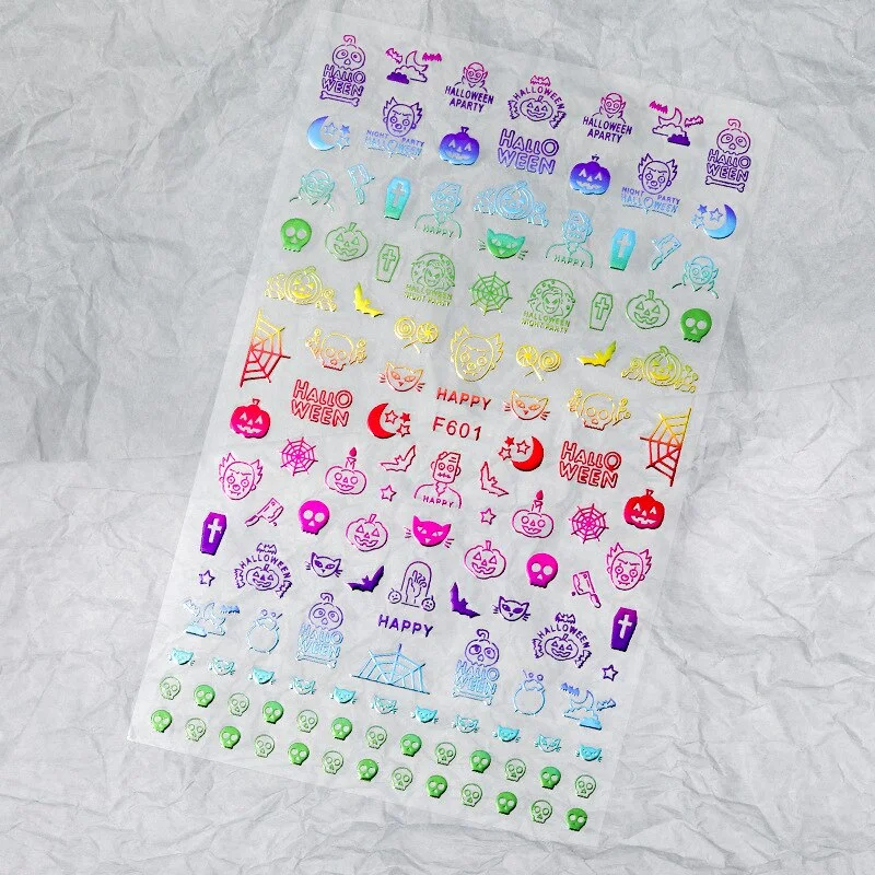 Halloween Nail Art Stickers Laser Black and White Skull Bat Spider Web Pumpkin Sticker Designer 3D Manicure Art Decals 9*16CM