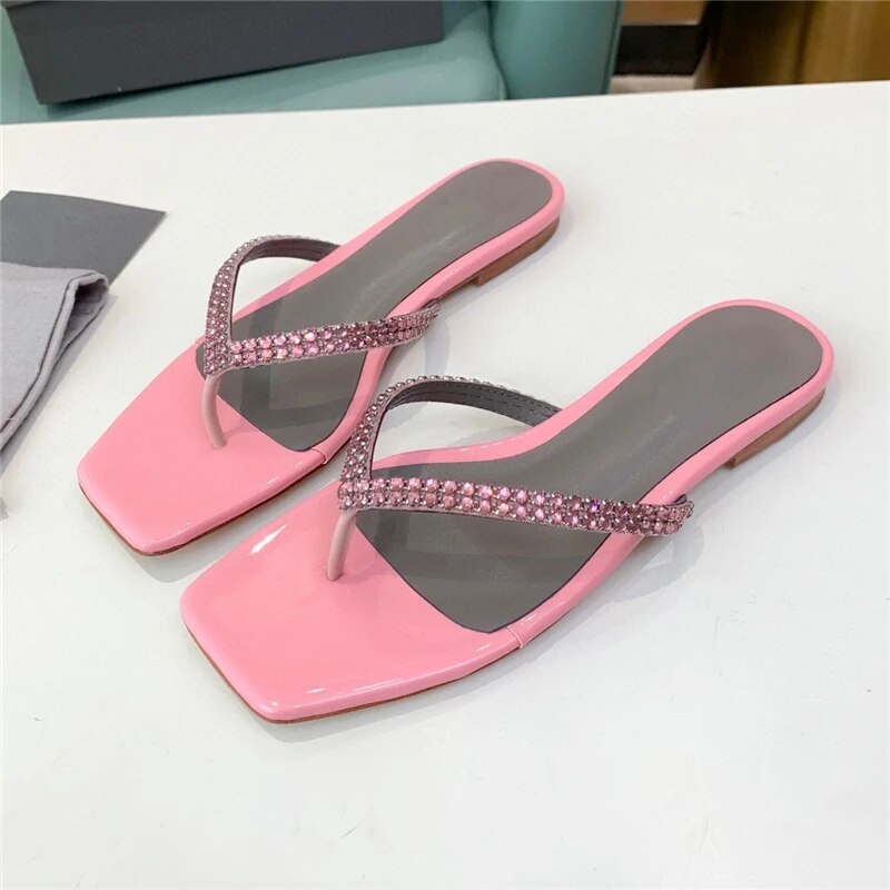 VCSHOES Diamond Rhinestone Flip Flops Square Open Toe Real Leather Flat Heel Mules Multicolor Slippers Women