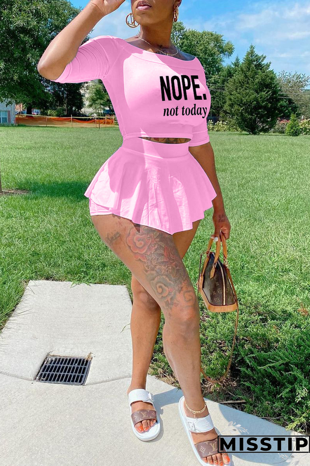 Black Fashion Print Flounce Off the Shoulder Three Quarter Two Pieces