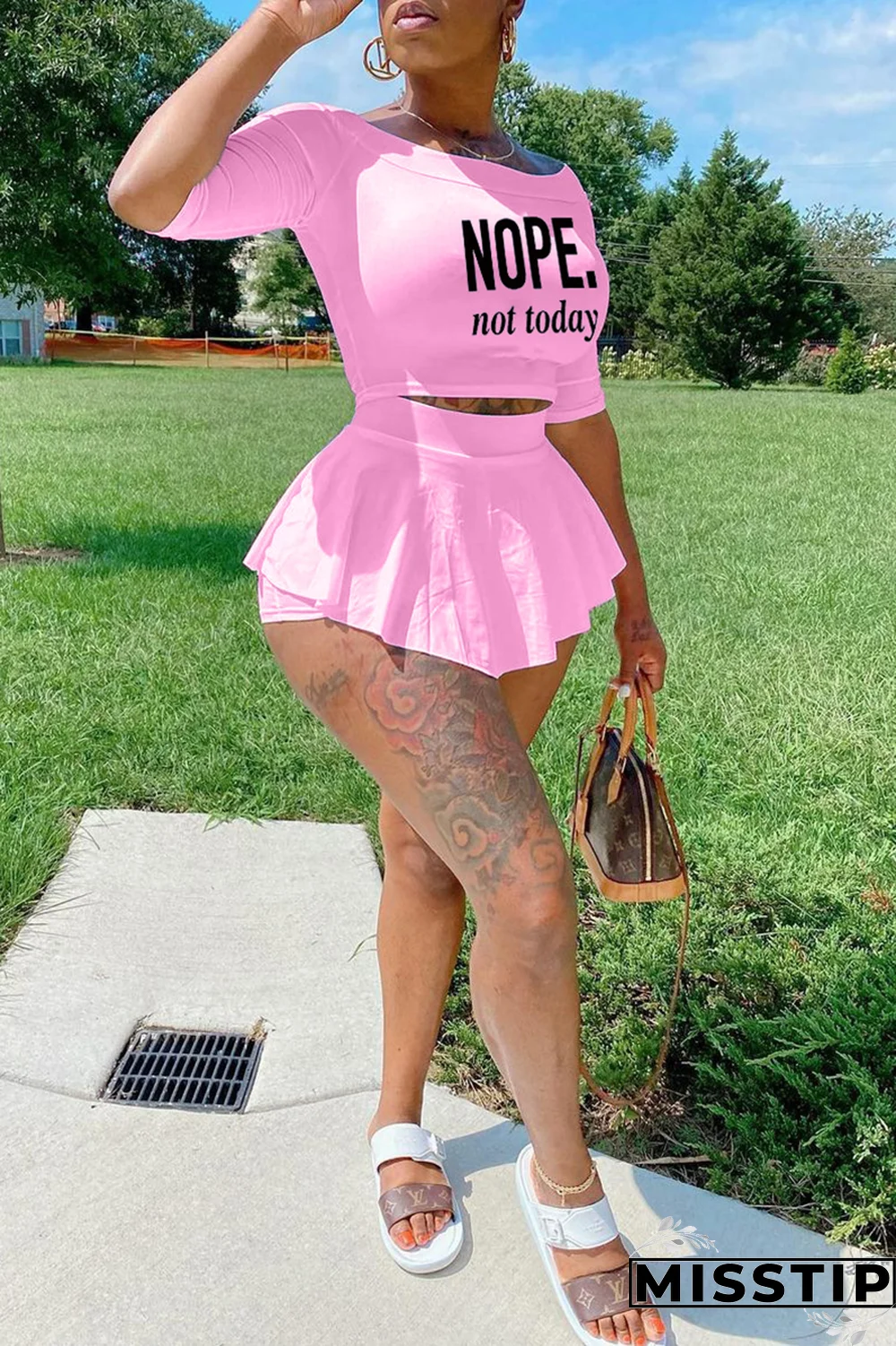 Black Fashion Print Flounce Off the Shoulder Three Quarter Two Pieces