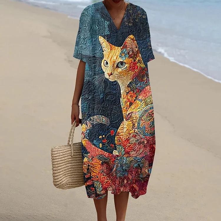 Women's Animal Cat Art Print Casual Flowy Midi Dress