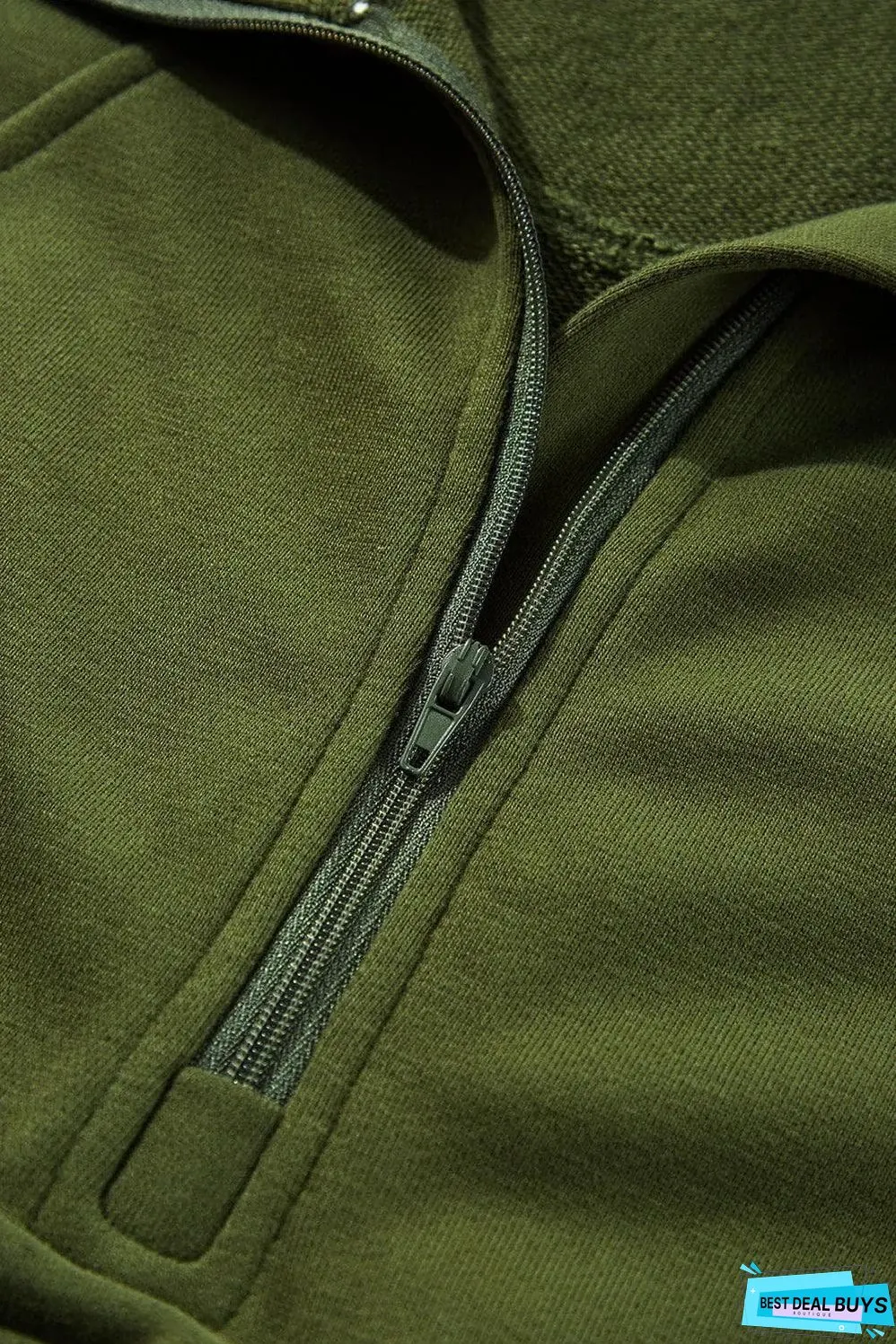 Moss Green Quarter Zip Stand Neck Kangaroo Pocket Sweatshirt
