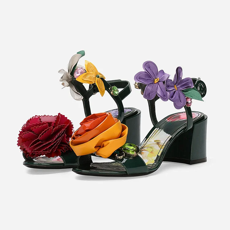 Green Patent Leather Multicolor Floral Crystal Block Heel Sandals |FSJ Shoes