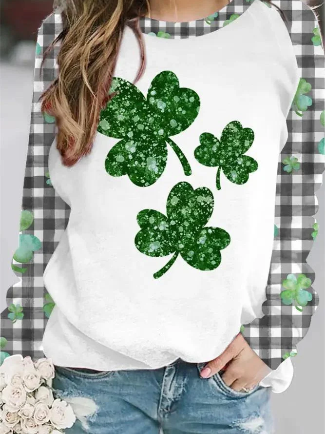 Women's Long Sleeve Scoop Neck Four Leaf Clover Printed Graphic Tops