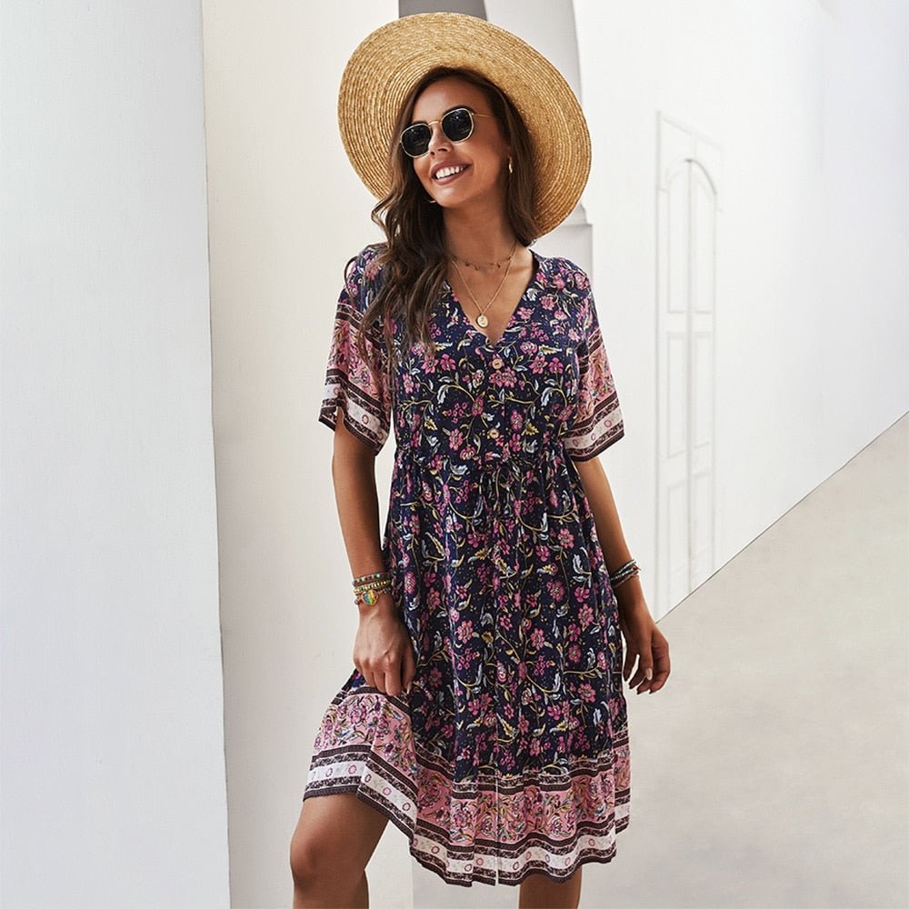 Printed Mini Dresses for Women Party 2021 Summer V-Neck Ruffles Sexy Dress Ladies Short Sleeve Casual Holiday Boho Dress Jurk