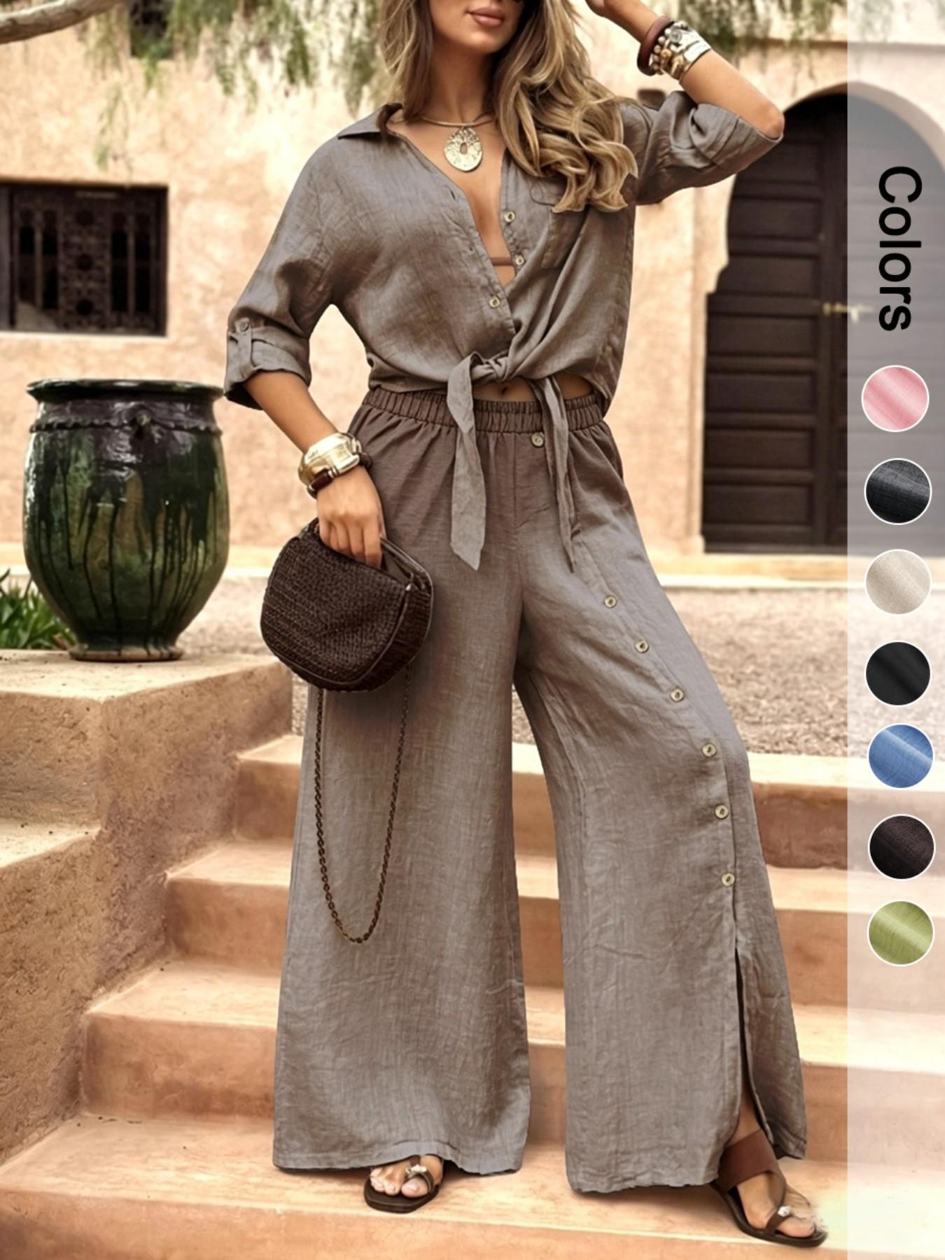 Women's Two-Piece Vacation Style Shirt and Pants Set, Tie-Down Hem Shirt with Fake Button Decoration, Wide Leg Pants Set, Loose