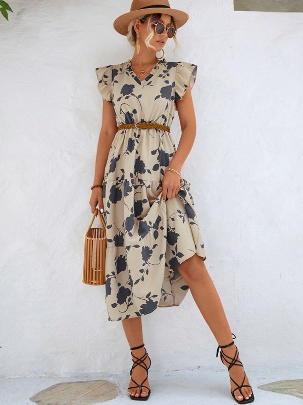 Mature Women Casual Summer New Floral V-neck Printed Flying Sleeve Dress