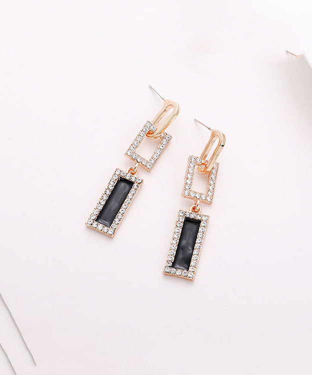VCSHOES Gold Sterling Silver Zircon Hollow Out Rectangle Tassel Drop Earrings
