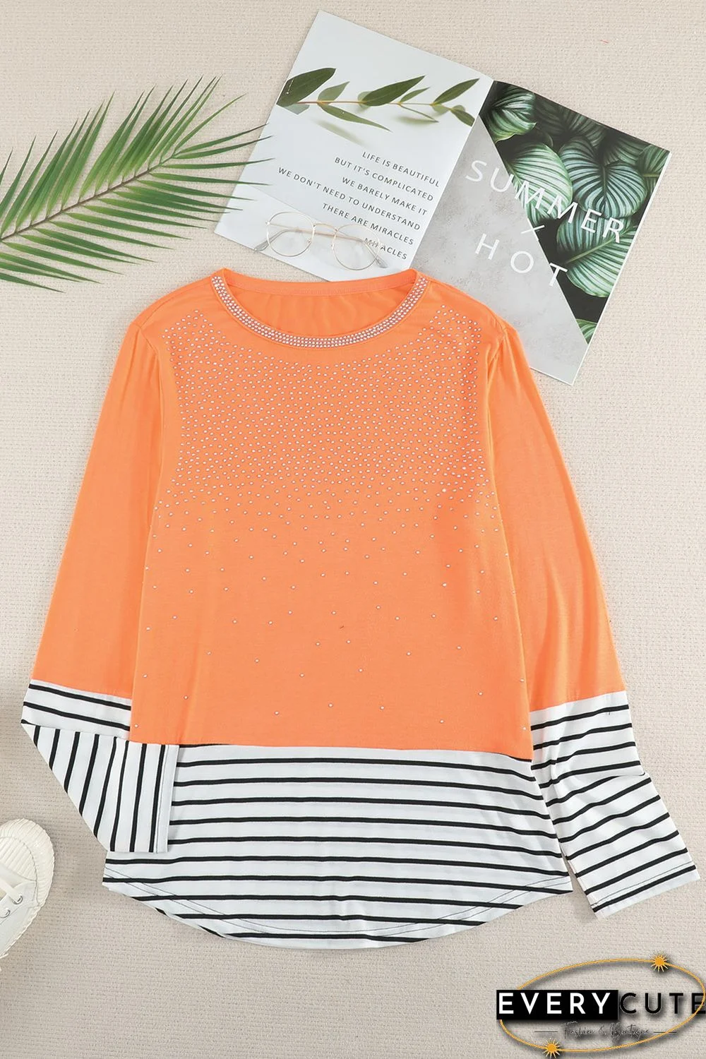 Orange Rhinestone Beading Striped Patchwork Long Sleeve Top