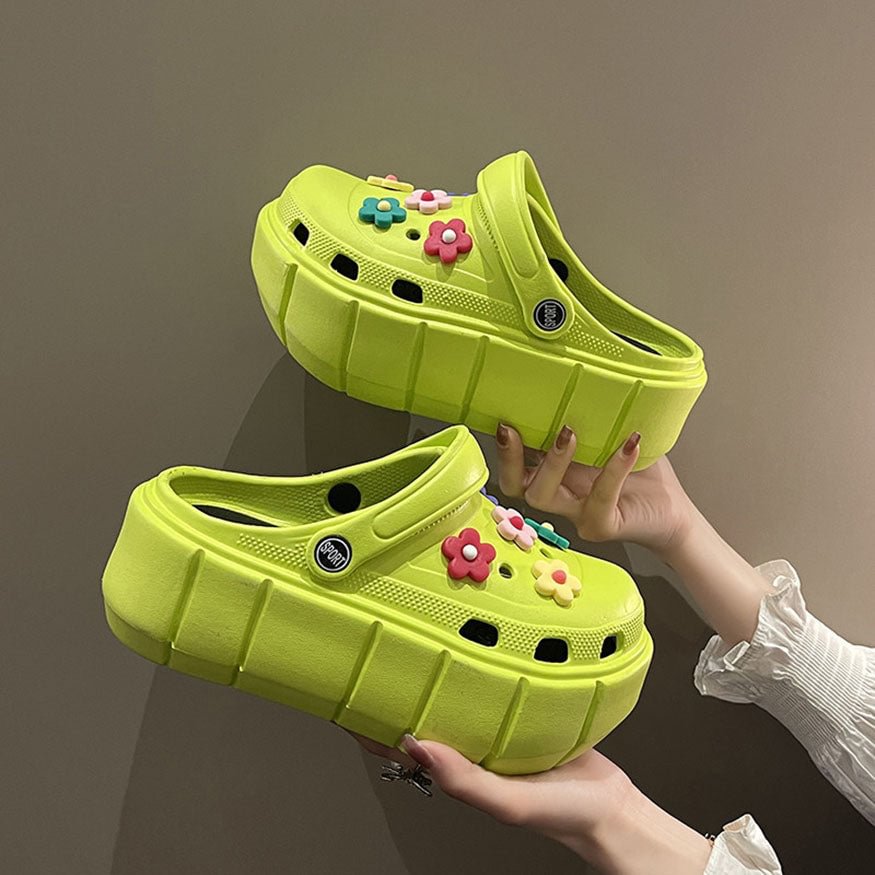 Colorful Flower-Charms Garden Clog  The summer fashion trend is to wear platform shoes