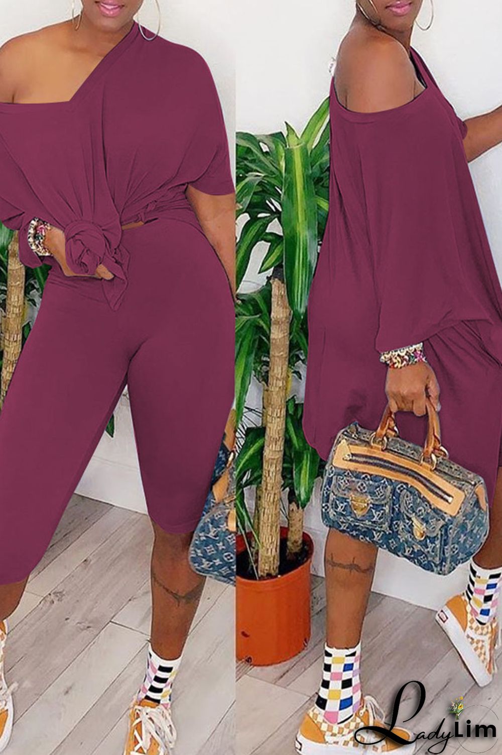 Grey Casual Solid Split Joint V Neck Short Sleeve Two Pieces