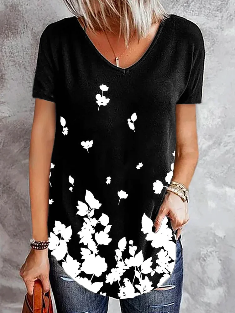 Casual Floral Print V Neck Short Sleeve Loose T-Shirt