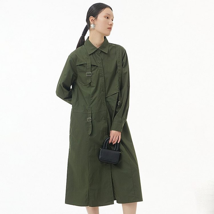 Fashion Loose Solid Color Asymmetrical Bandage Decor Single-breasted Long Sleeve Dress
