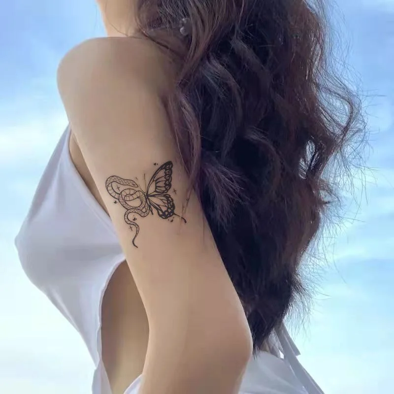 Sdrawing New Dark Snake Butterfly Dancing Hot Girl Chest Herbal Juice Tattoo Stickers Lasting Waterproof Temporary Tattoo Stickers