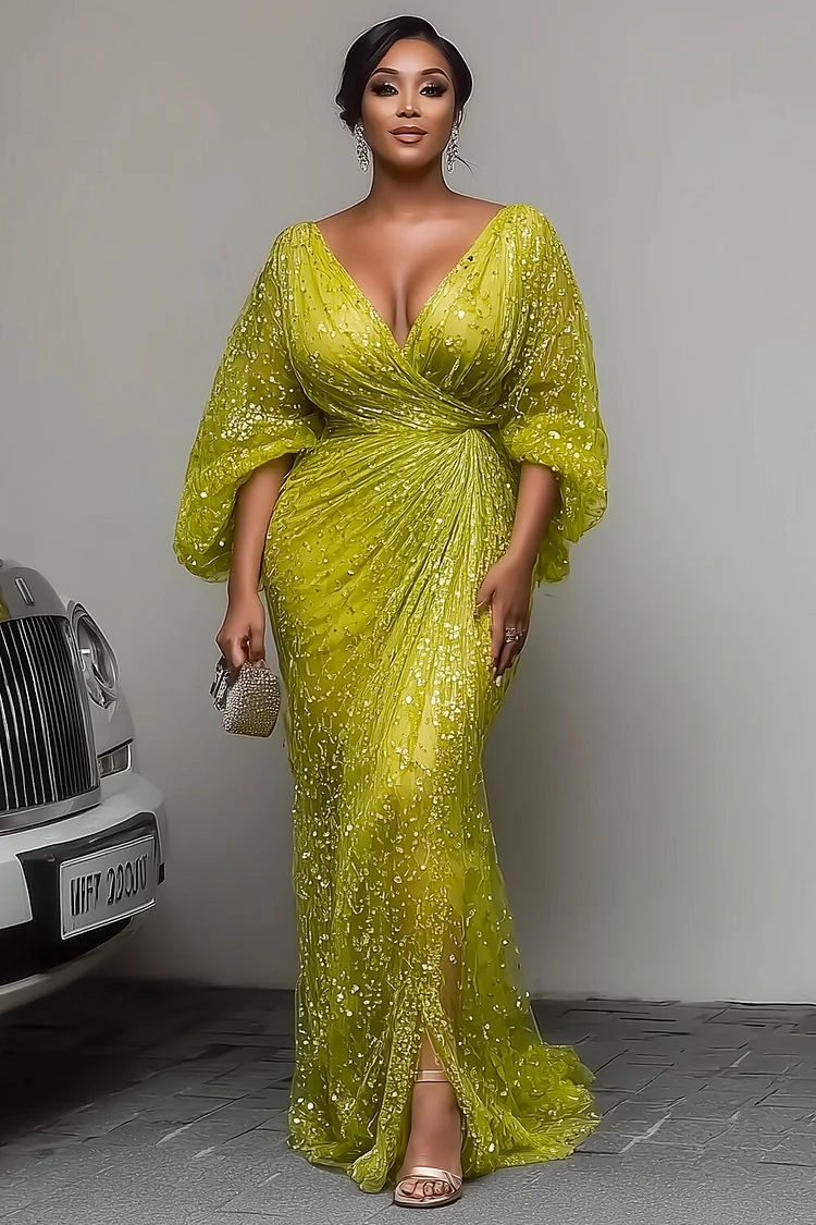 Surplice Neck 3/4 Sleeve Sequin Mesh Party Maxi Dresses-Green Surplice Neck 3/4 Sleeve Sequin Mesh Party Maxi Dresses-Green