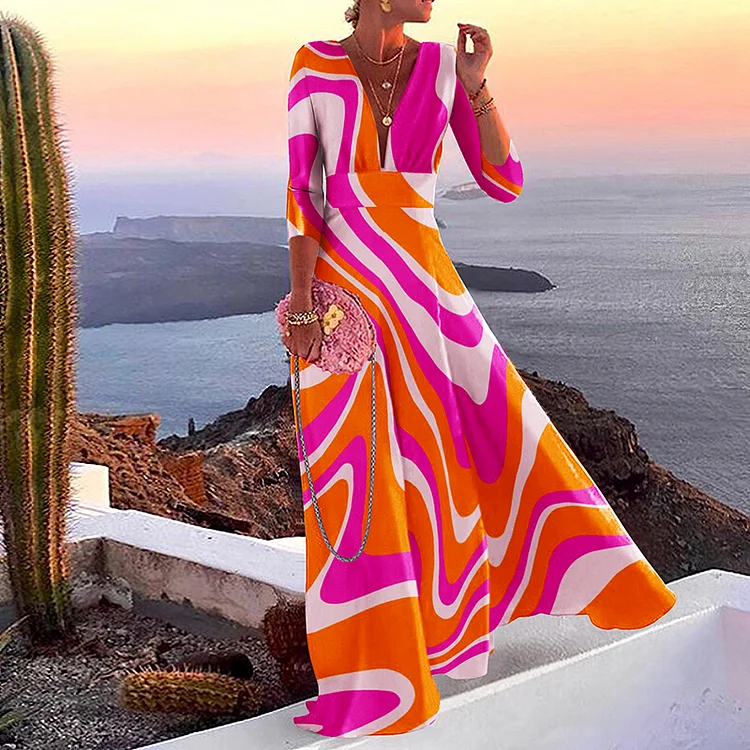 Fashion Contrast Abstract Print Maxi Dress