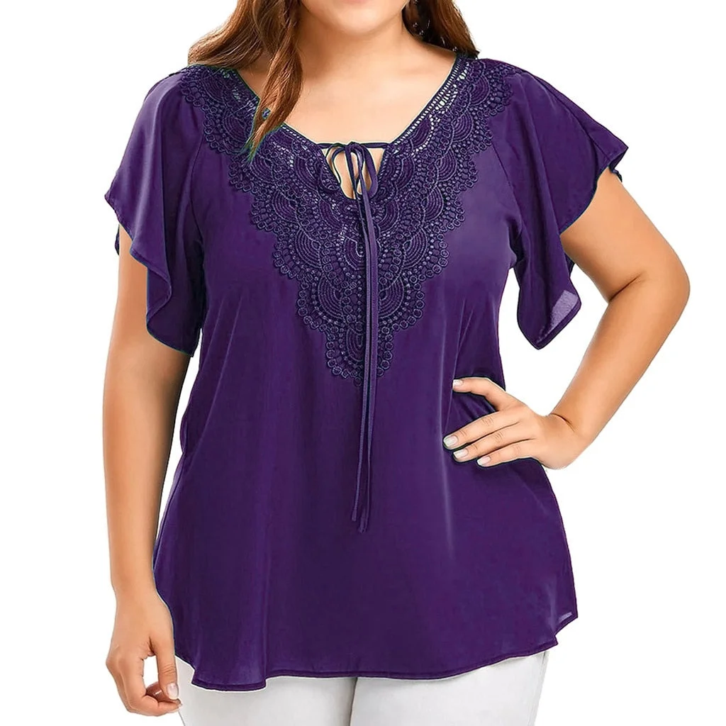 Plus Size Summer Fashion Patchwork Lace up Blouse Ladies Tops Loose Top Female Women Half Sleeve Shirt Blusas Femininas Pullover