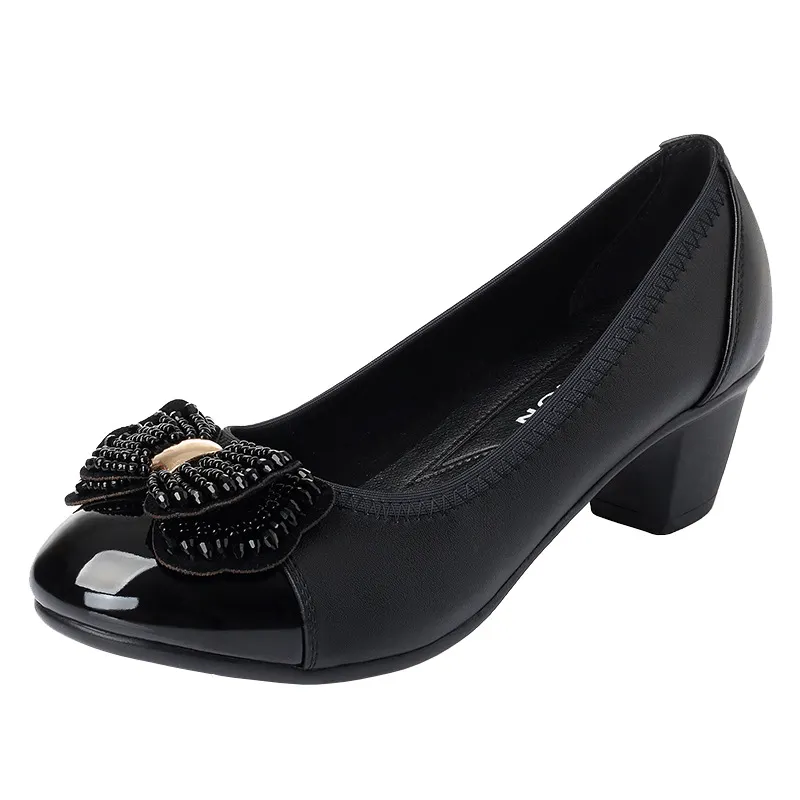 Breakj Breakj Beaded Mother Shoes Soft Soles Single Shoes Thick Heel Lazy Leather Shoes Round Head Working Shoes Heel Women's Shoes