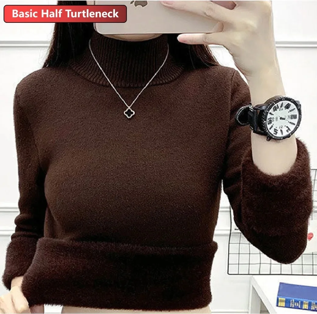Uveng Warm Sweater Pullover Women Slim Thicken Plush Velvet Lined Knitwear Jumper Korean Half Turtleneck Poleras Soft Knit Tops