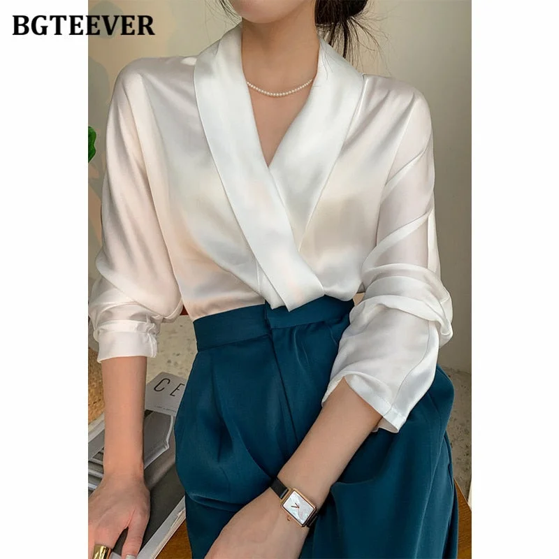 BGTEEVER Elegant V-neck Satin Women Blouses 2021 Autumn Ladies Blusas Full Sleeve Loose Office Wear Female Shirts Tops