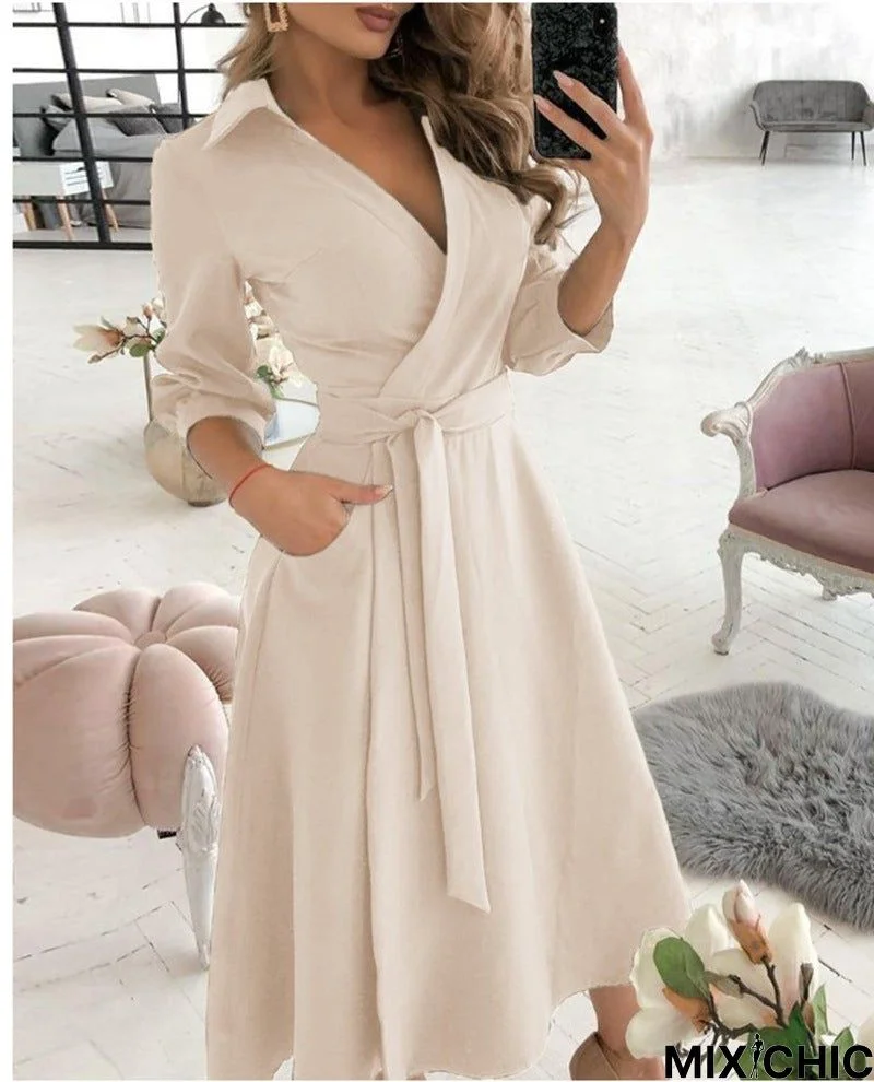 Spring/Summer Fashion Long-Sleeved V-Neck Print Hip Dress Women's Wear