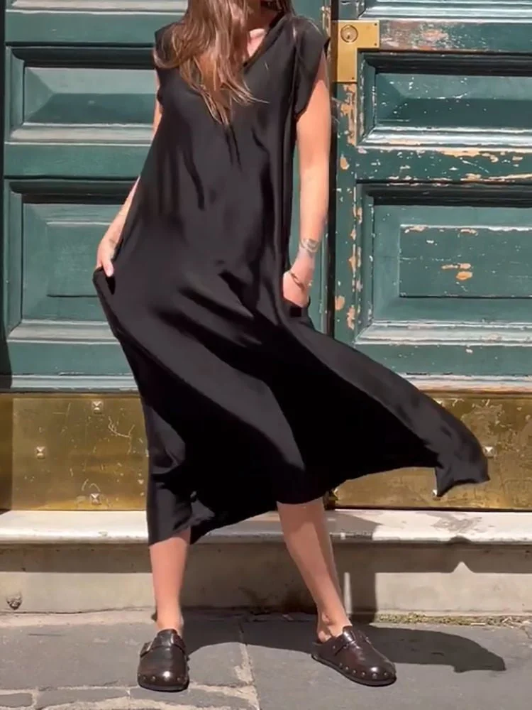 Women's Short Sleeve V Neck Solid Color Loose Casual Dress