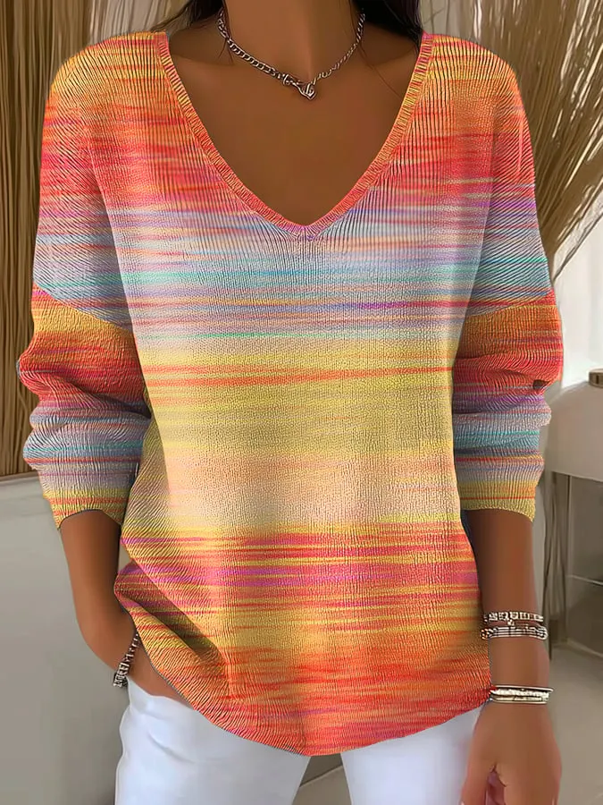 Women's Casual Autumn Gradient Striped Long-Sleeved V-Neck Top 