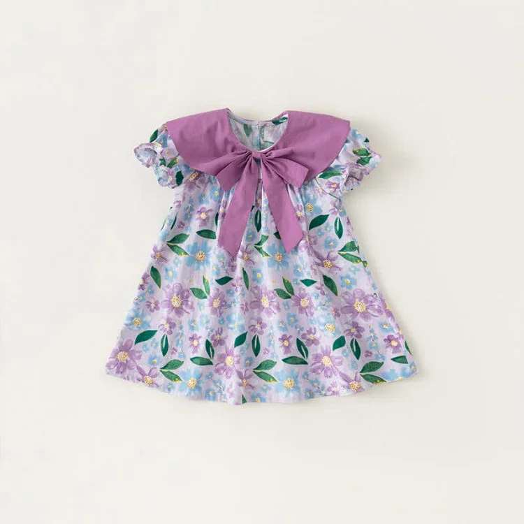 Toddler Girl Bowknot Lapel Collar Flower Dress