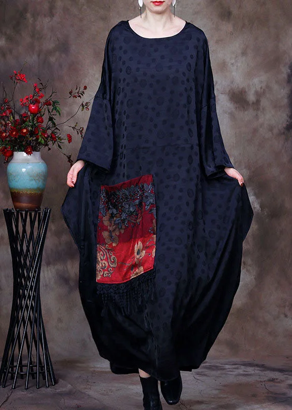 Vintage Black Embroideried Asymmetrical Design Patchwork Big Pocket Silk Long Dress Batwing Sleeve
