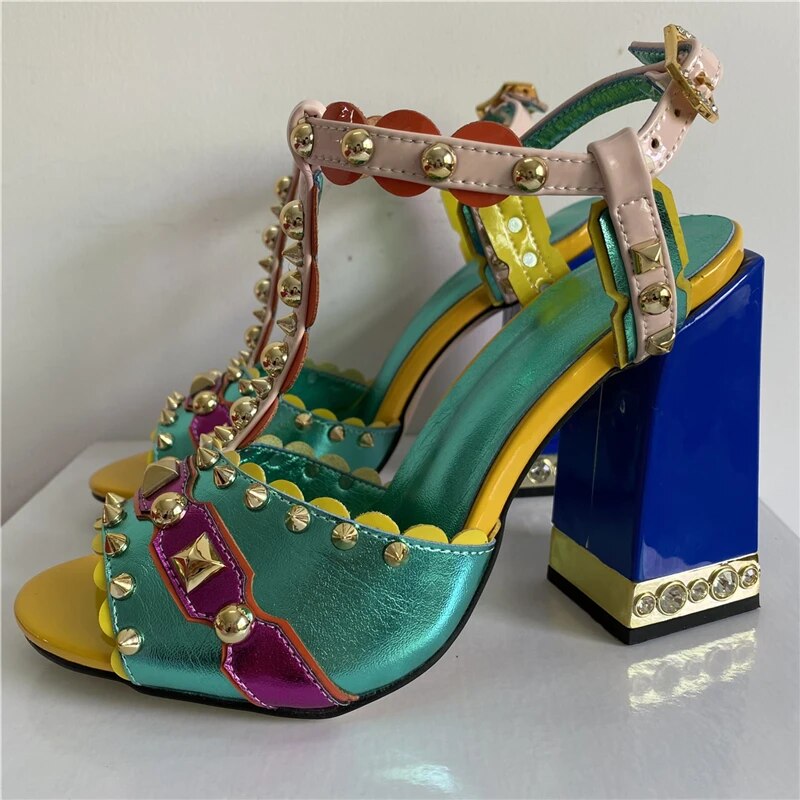 VCSHOES Mixed Color Genuine Leather High Heels Women Jeweled Square Heel Rivet T-strap Patchwork Rhinestone Sandals Women