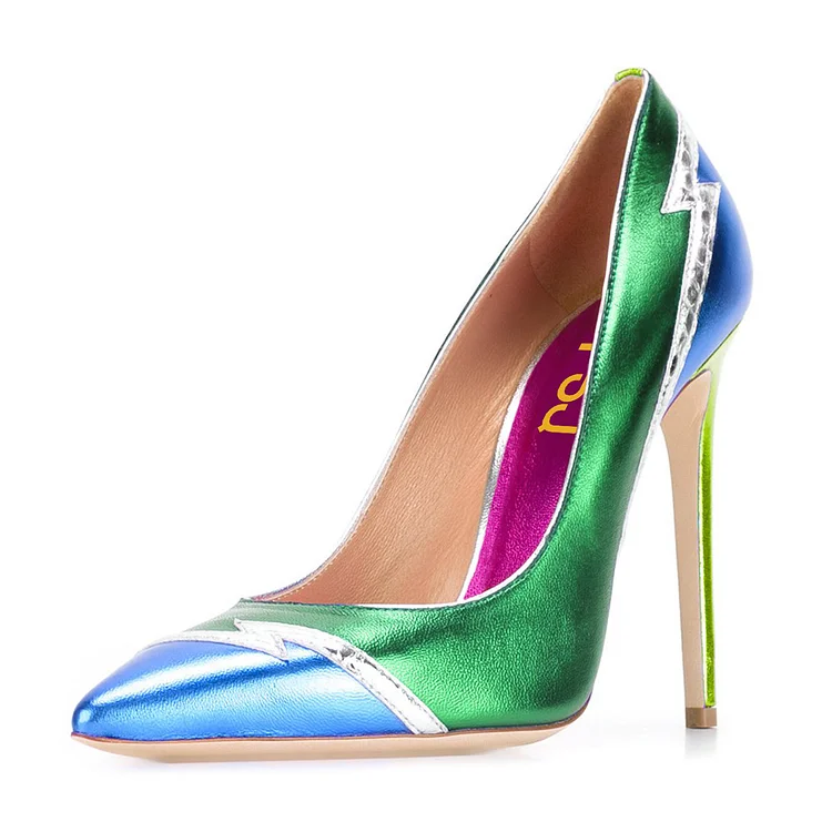 FSJ Green and Blue Stiletto Heels Pointy Toe Multicolor Pumps |FSJ Shoes