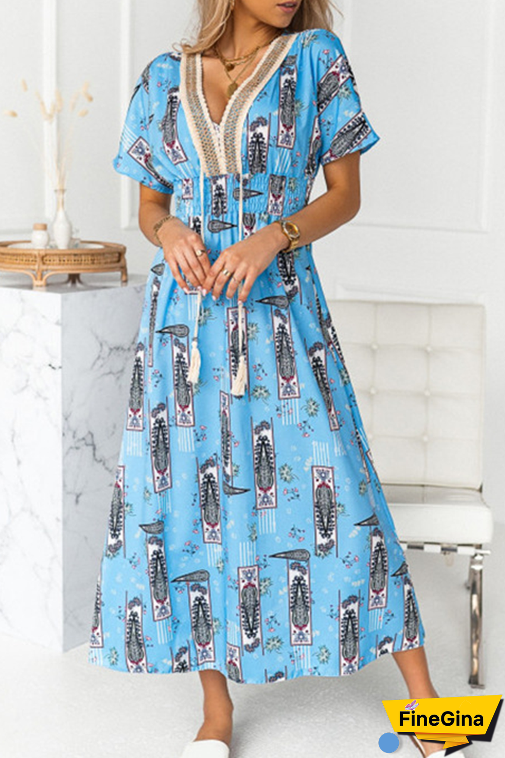 Fashion Elegant Print Tassel Split Joint V Neck A Line Dresses