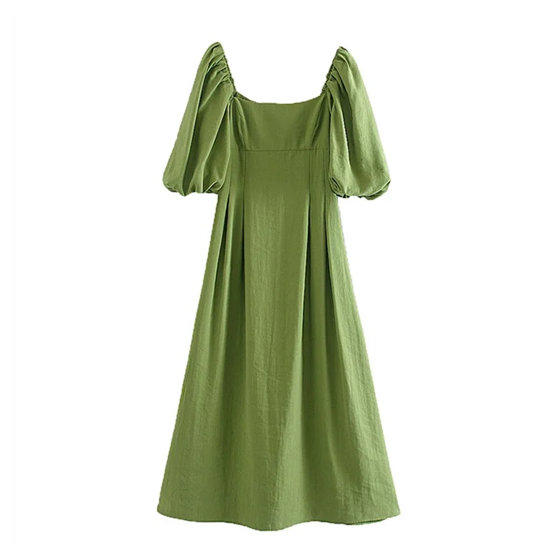 Aachoae Women Green Pleated Dress Puff Short Sleeve Ladies Dresses Square Collar Loose Knee Length Dress Sundress Ropa Mujer