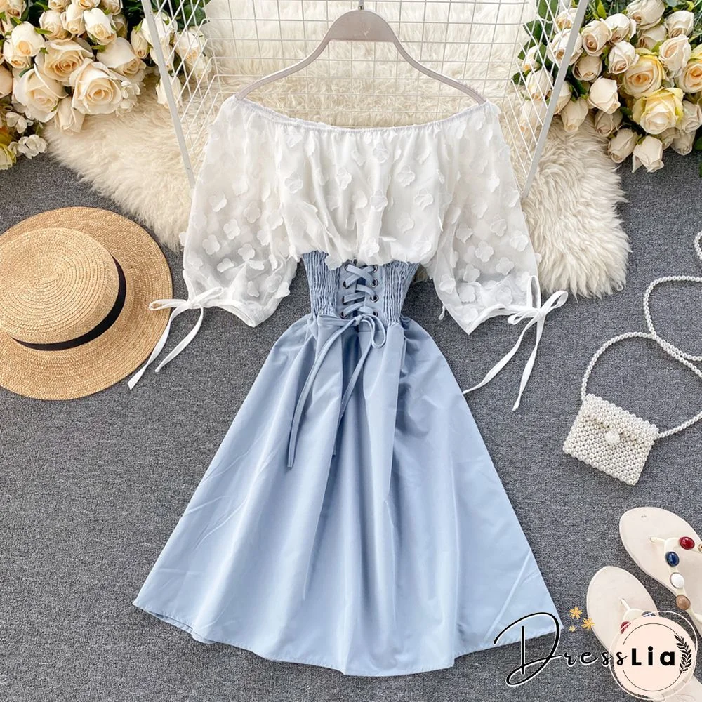 Sexy Off Shoulder Patchwork Summer Short Dress Party Flower Chiffon Slim Waist Lace Up Women Casual A-Line Beach Dress