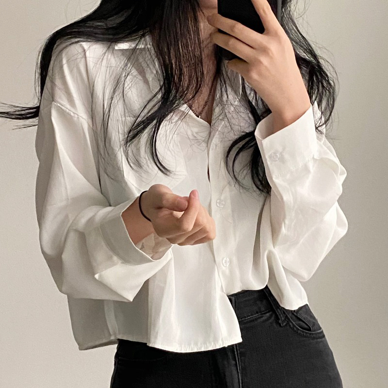 KOREAN SINGLE BREASTED LONG SLEEVE CROP SHIRT