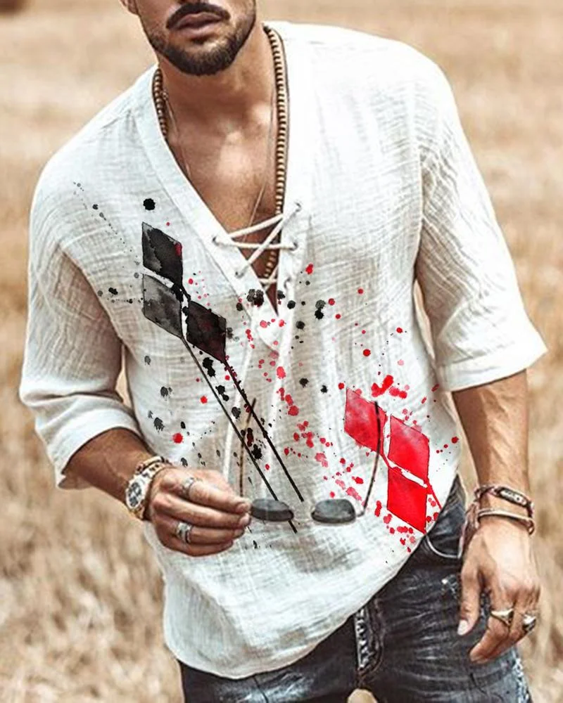 Fashion Poker Printed Cotton Linen Shirt