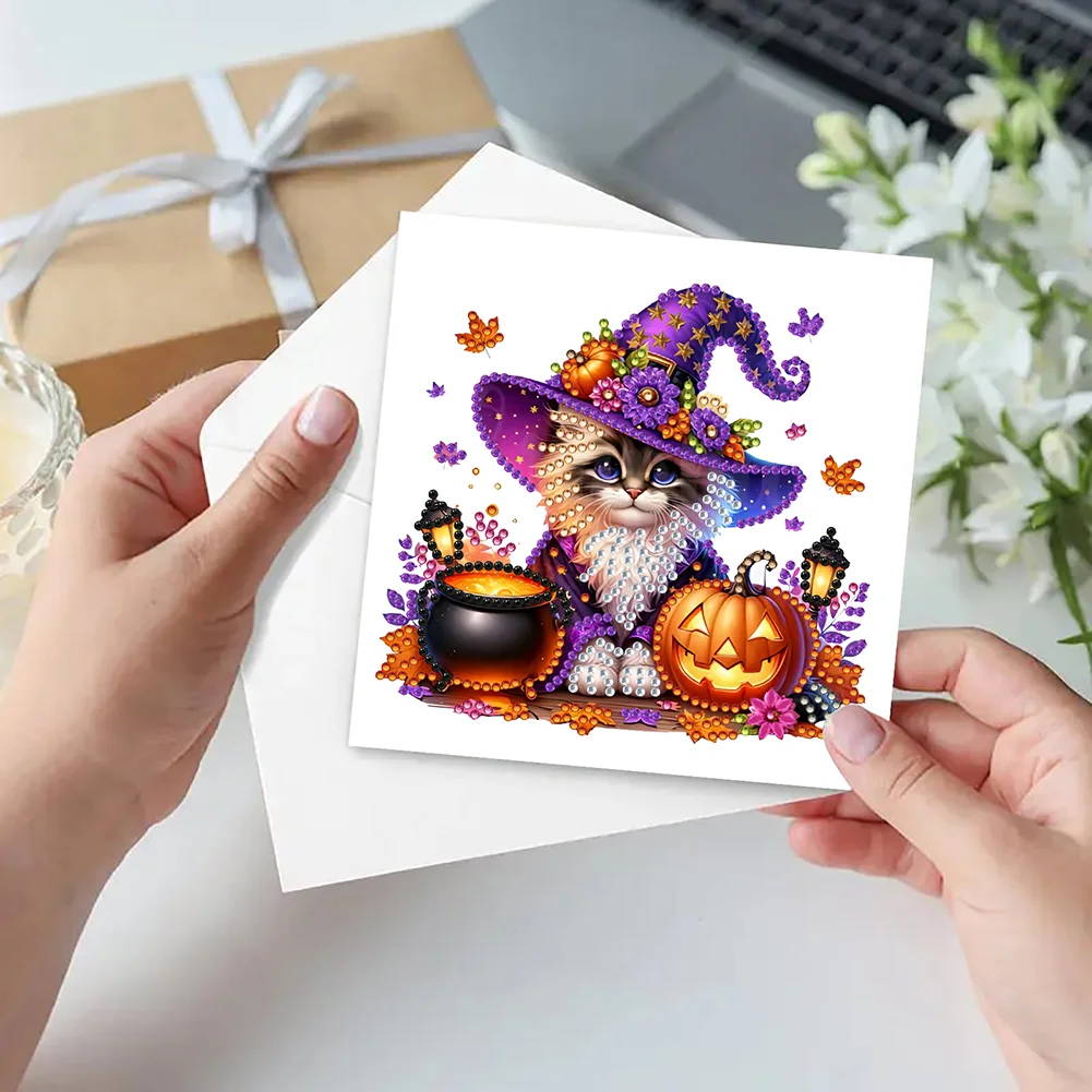 6PCS DIY Halloween Cat Diamond Art Greeting Cards for Halloween and Holidays