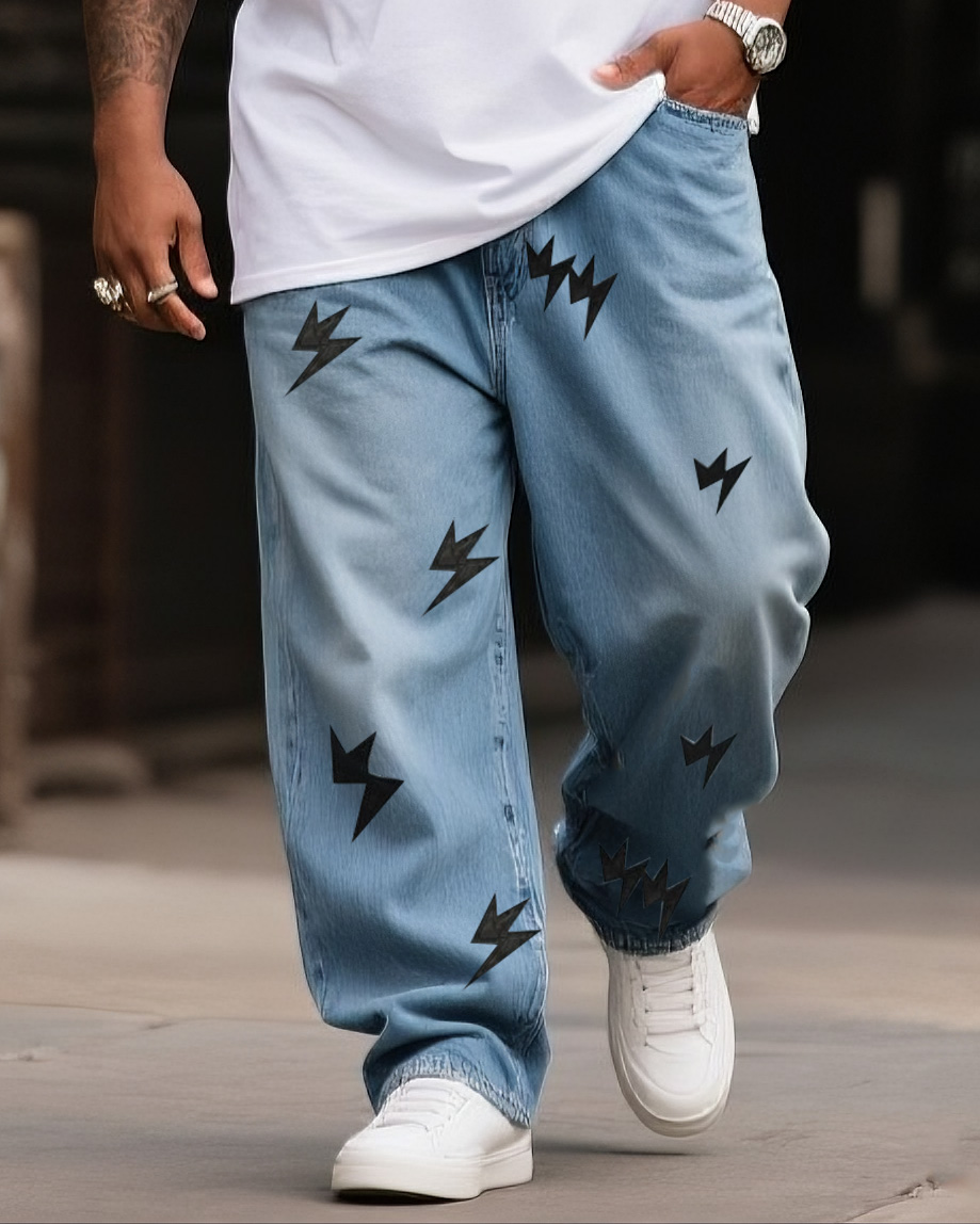 Plus Size Boys 2025 Fashion Street Lightning Print Jeans
