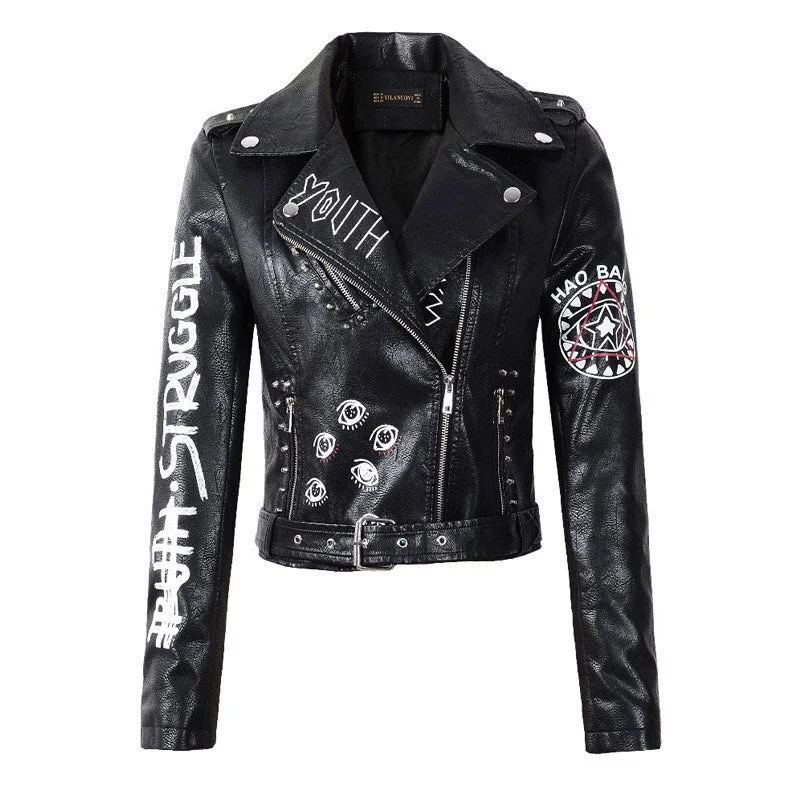Ailegogo 2021 New Autumn Women Faux Soft Leather Jackets Coats Lady Black PU Rivet Zipper Epaulet 3D print Motorcycle Streetwear