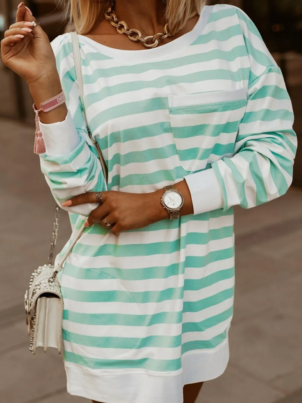 Women Long Sleeve Scoop Neck Striped Printed Sweatshirt Top