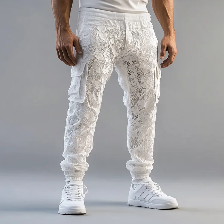 Okaywear Lace Hollow Out Elastic Waist Cargo Jogger Pants 