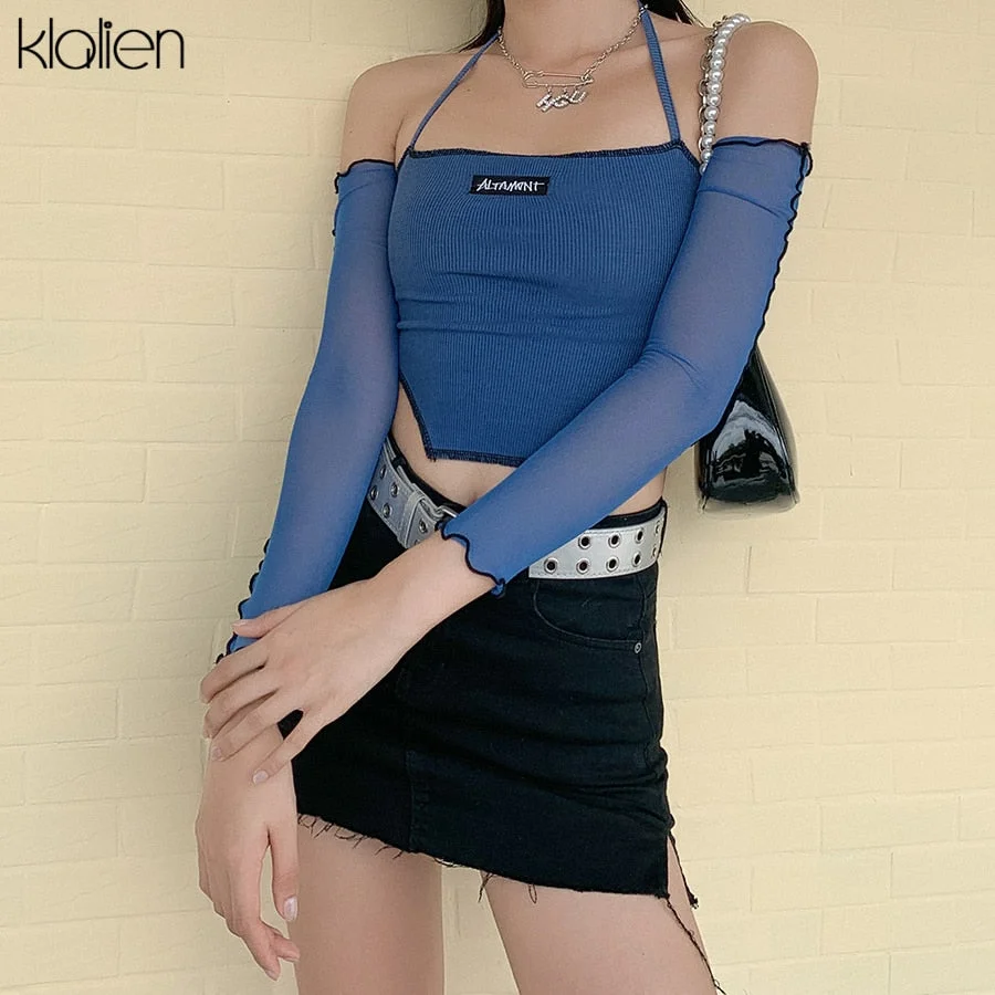 KLALIEN fashion casual patchwork letter Halter female t shirt summer mesh sleeve sexy off shoulder office lady slim wild t shirt