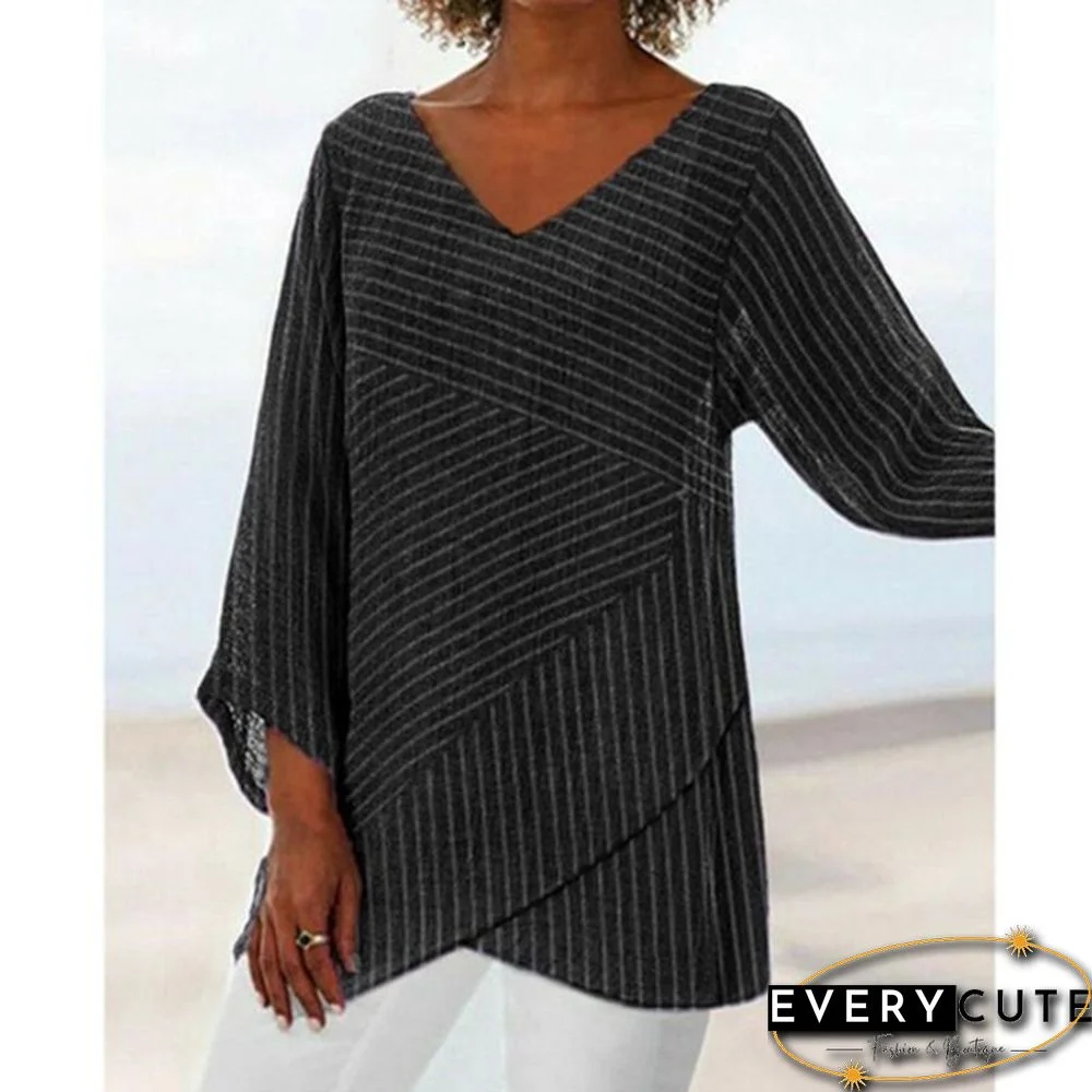 New Autumn Women Round Collar Striped Print Long Sleeve Irregular Hem Plus Size Tee Shirts(S-5XL)