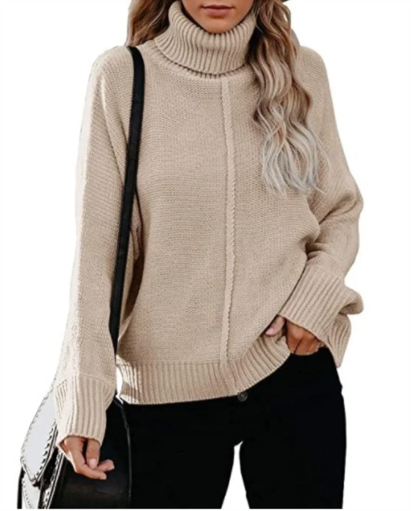 Fitshinling Bohemian Women's Turtleneck Sweater Knitwear Patchwork Reverse Line Jumper Pullover Winter Tops Holiday Sweaters New